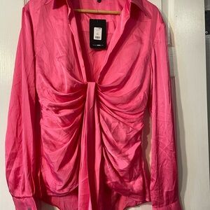 Fashion Nova Hot Pink Ruched Button-Front Blouse